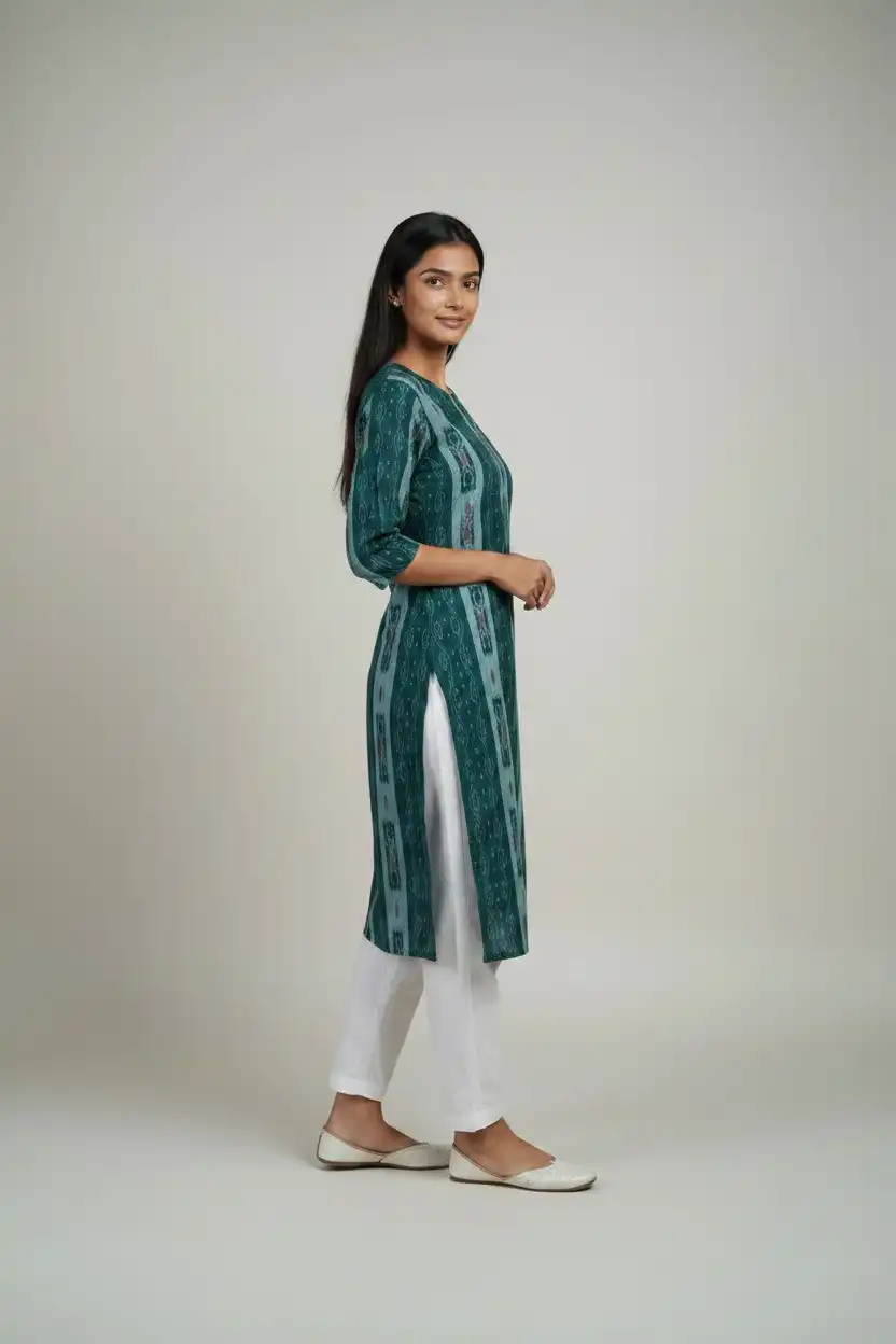 Sambalpuri Ikat Forest Green Cotton Kurti view 2