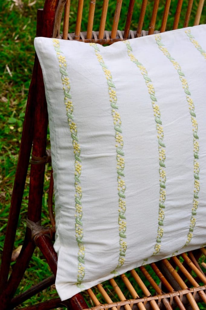 Bageecha Mint Green & Lemon Chikankari Stripe Cushion Cover (16X16 inch) view 2