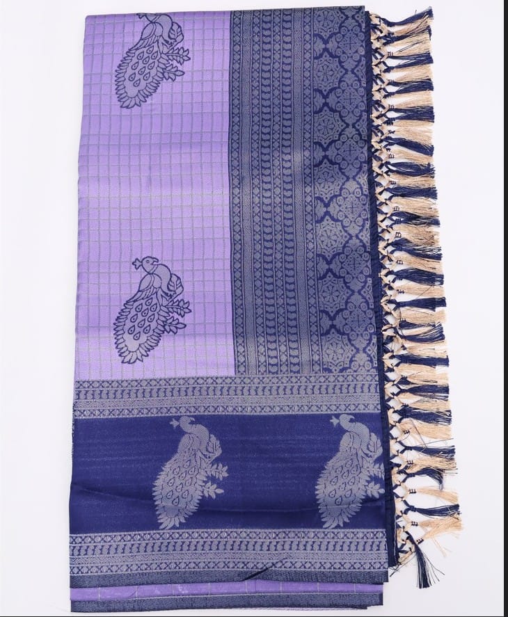 Lavender & Navy Blue Silk Blend Saree with Peacock Motif & Zari Woven Border view 2
