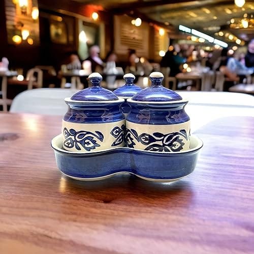 STOREPEDIA Handmade Pottery Ceramic Barni Jar Set of 3 with Lid and Holding Tray for Kitchen Dinning Table Decor Storage Container for Preserves Achar Salt Spices Chutney Tea Coffee Blue Color, 250 ml view 2