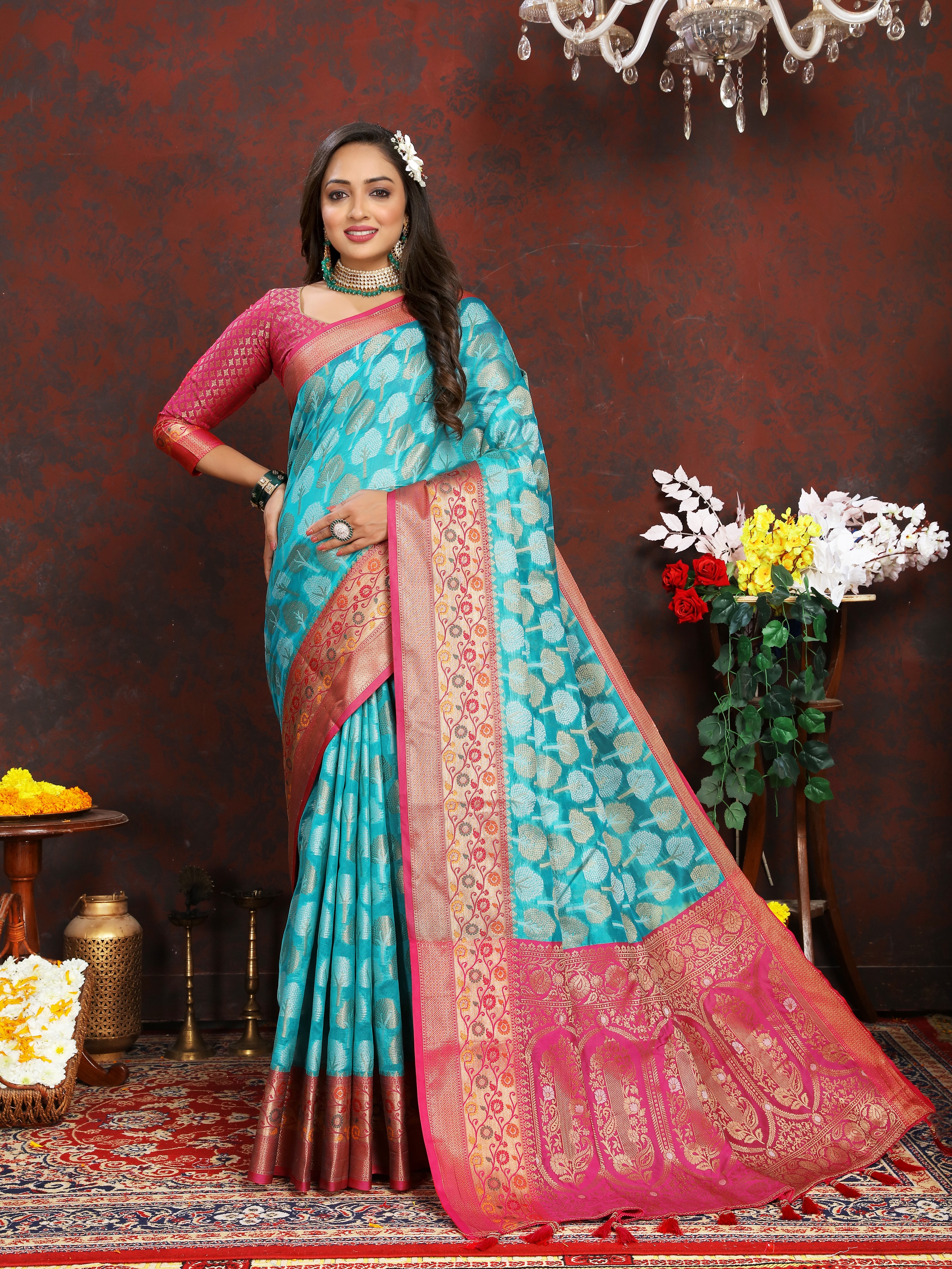 Soft organza silk saree with Meenakari weawing ... view 2