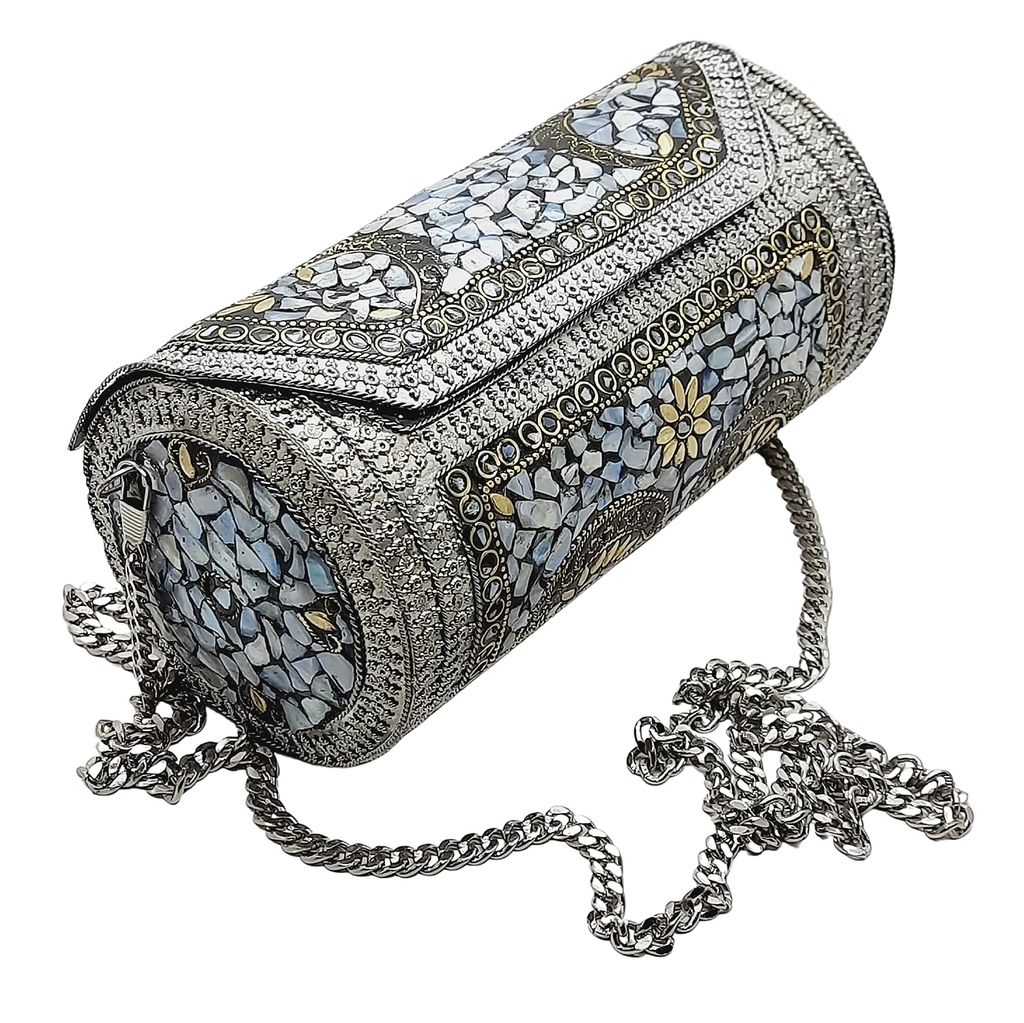 Eye Catching Handmade Cylinder Round Ethnic Silver Metal Bag - Antique Bridal Clutch view 2