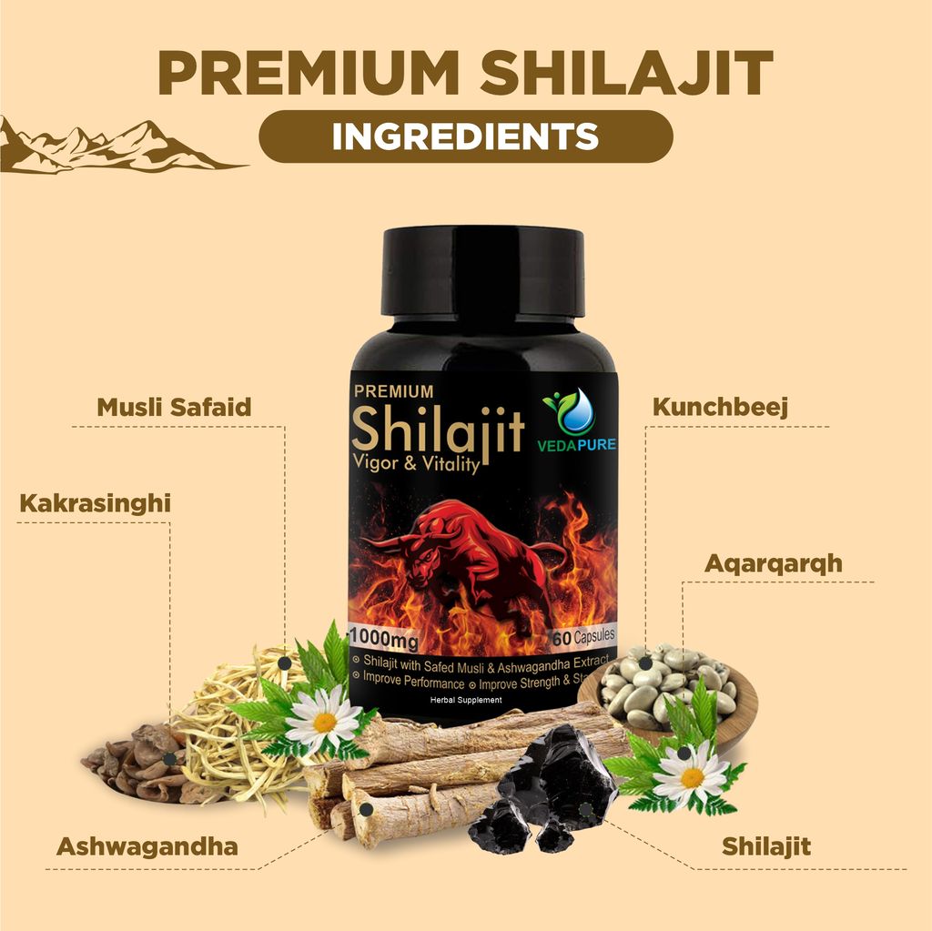 VEDAPURE Shilajit |Premium Gold Shilajit Capsules with Safed Musli & Ashwagandha | Shilajit Original Capsules for Men to built Strength & Stamina | Lab Tested Shilajit-1000 Mg, 60 Capsules view 2