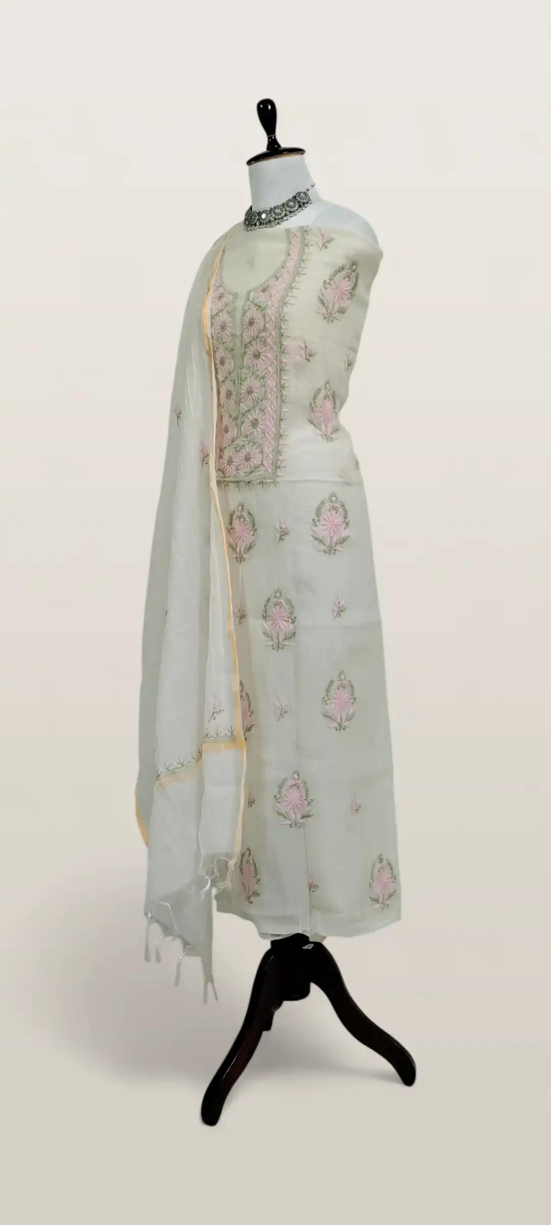 Chikankari Mul Chanderi Dress Material Cream Pink Floral view 2