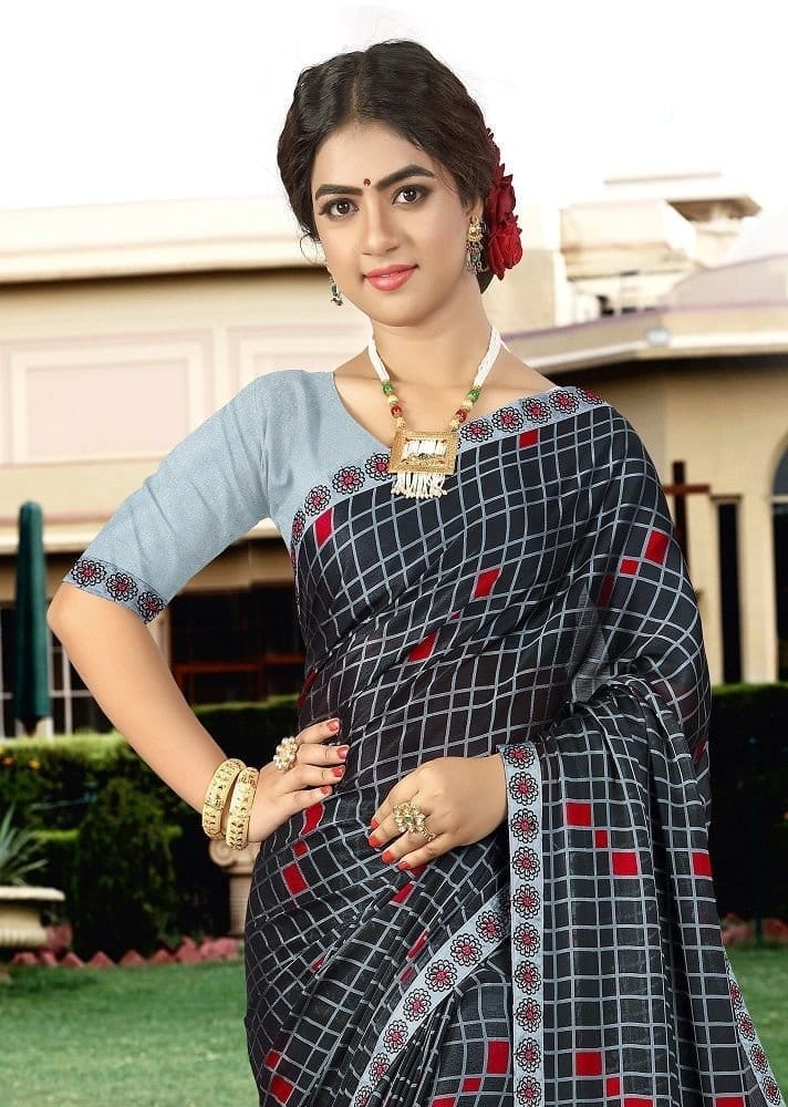 Checks Georgette Printed Saree in Black view 2