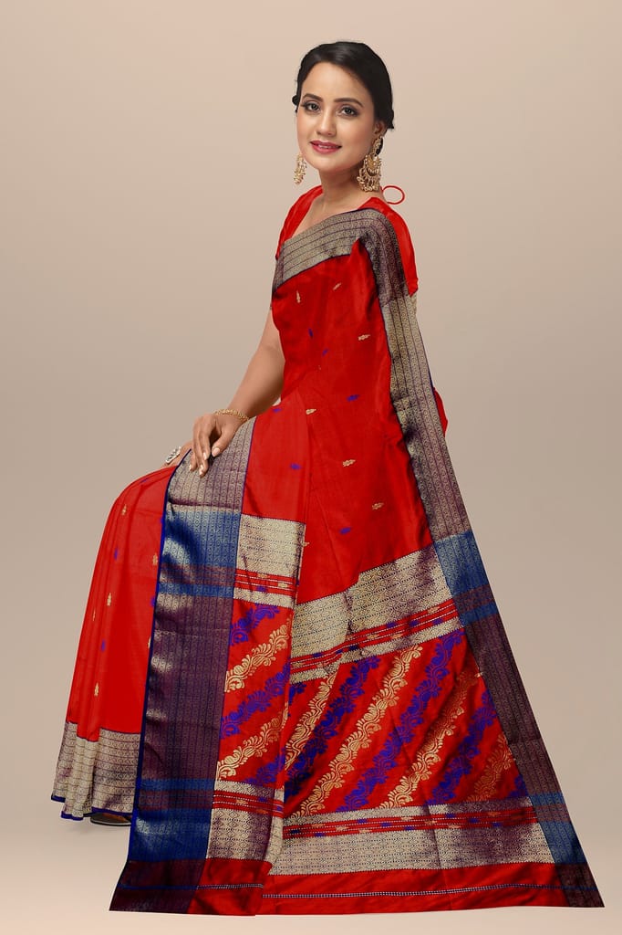 Red Buti Handwoven Mulberry Sausar Silk with Zari Border and Bel Palla Saree SKU- BS10131 view 2