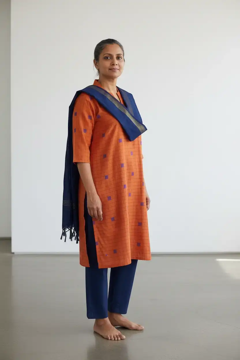 Mangalagiri Cotton 3-Piece Kurta Set in Terracotta with Navy Dupatta