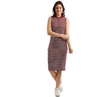 Miss Chase Women's Maroon and White Round Neck Sleeveless Striped Bodycon Dress view 2