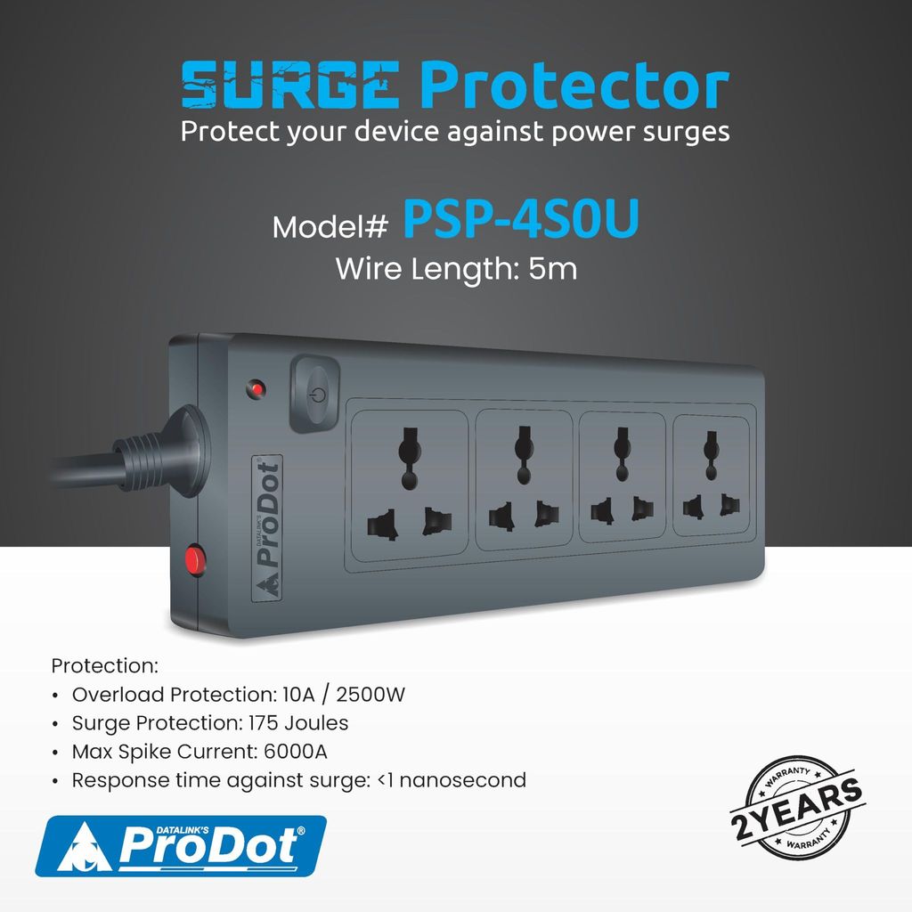 PRODOT Power Spike Guard, Strip Surge Protector with Master Switch and 4 Outlets, Heavy Duty Extension Cord for Home, Office, Travel & Phone Charging view 2