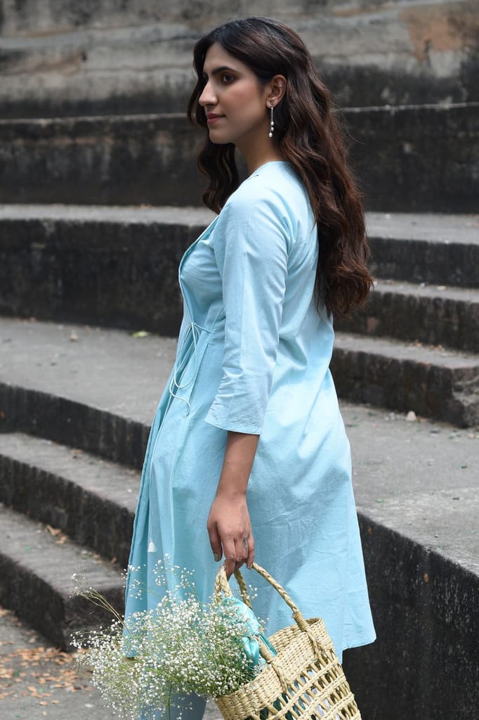 Nargis Blue Kashmiri Crewel Hand Embroidered Cotton Angrakha Kurta view 2