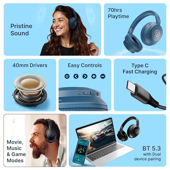 pTron Studio Evo 70hrs Playtime Wireless Over Ear Headphones w/HD Mic (Blue) view 2