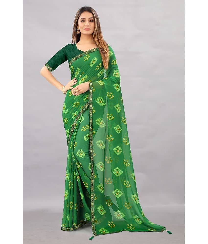 Rhey Chiffon Printed Saree With Unstitched Blouse Piece ( Green )