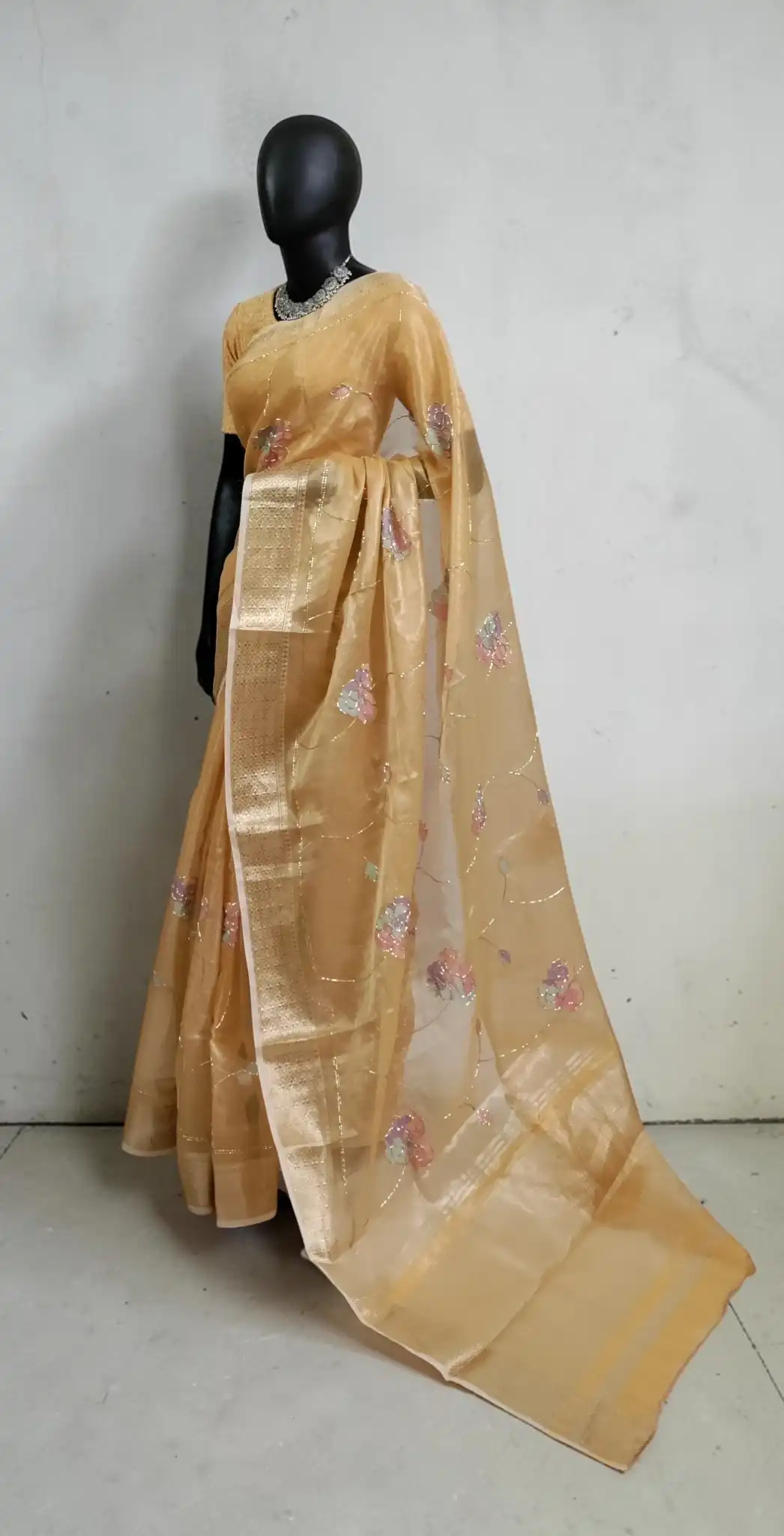 Kota Doria Handloom Saree in Beige Gold with Block-Printed Florals view 2
