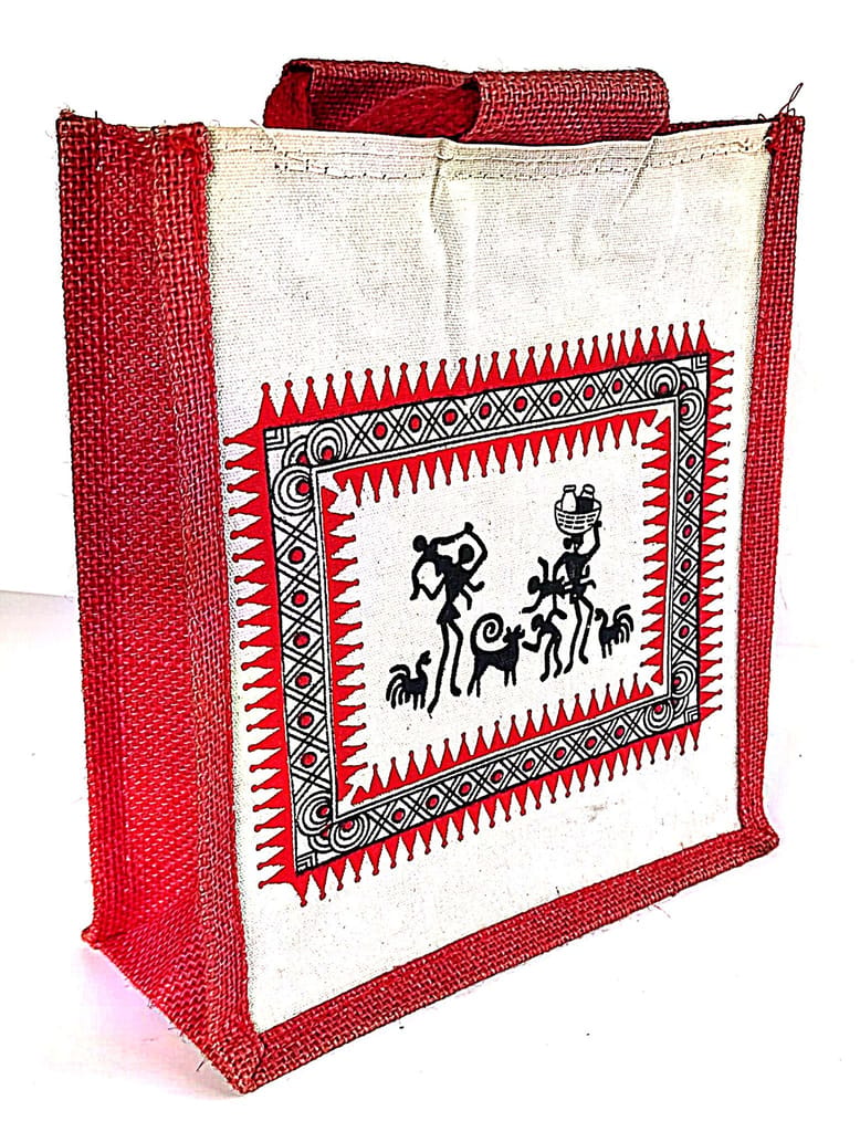 "Handmade Jute Lunch Bag with Warli Painting" view 2