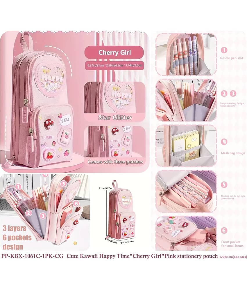 Villy Happy Time “Cherry Girl” 3-Layer Large Capacity Pencil Pouch with Star Glitter & 3D Patches – Pink