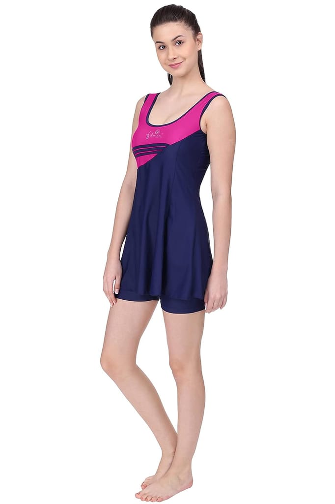 FILMAX® Originals Swimming Costume for Women's One-Piece Beach Wear Sleeveless with Skirted Boy Legs Jammer Swim Dress (Cherry-Navy Blue) view 2