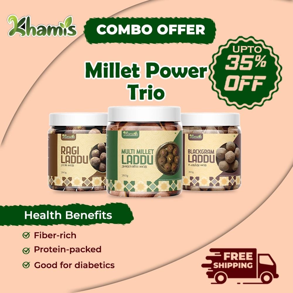 Khamis Millet Laddu Combo Offer – Black Gram (Ulunthu), Multi Millet (Navathaniyam) & Ragi (Finger MIllet) – 3-in-1 High Protein & Fiber Sweets – Jaggery Based – No Refined Sugar – 100% Natural –Khamis Healthy Foods--600g (pack of 4)