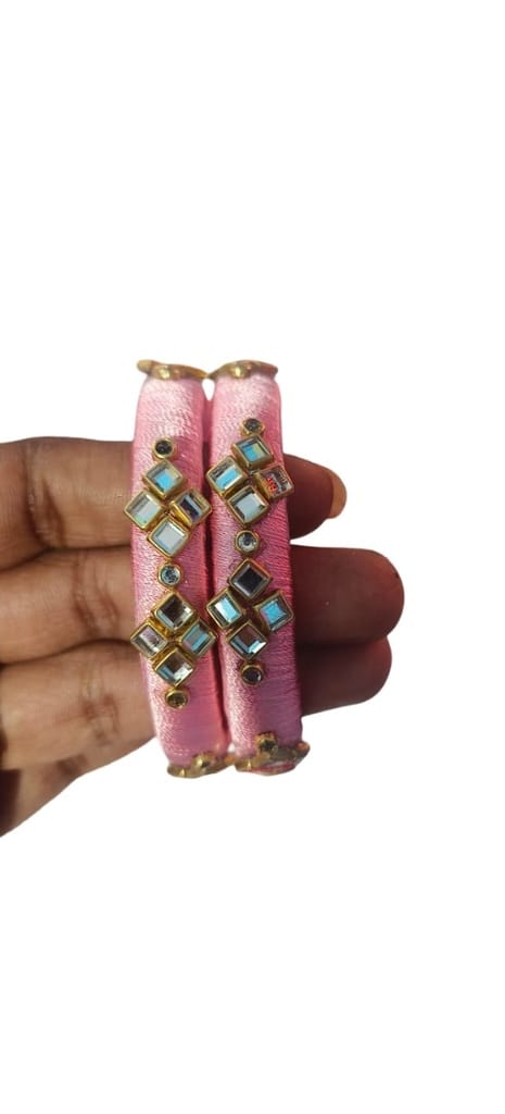 Pink Silk Thread Bangles with Mirror & Stone Embellishments view 2