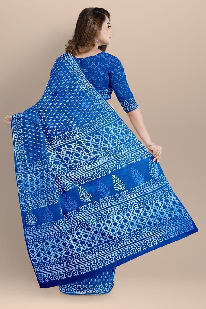 Indigo Floral Pattern Hand Block Print Malmal Cotton Saree SKU-BS10166 view 2