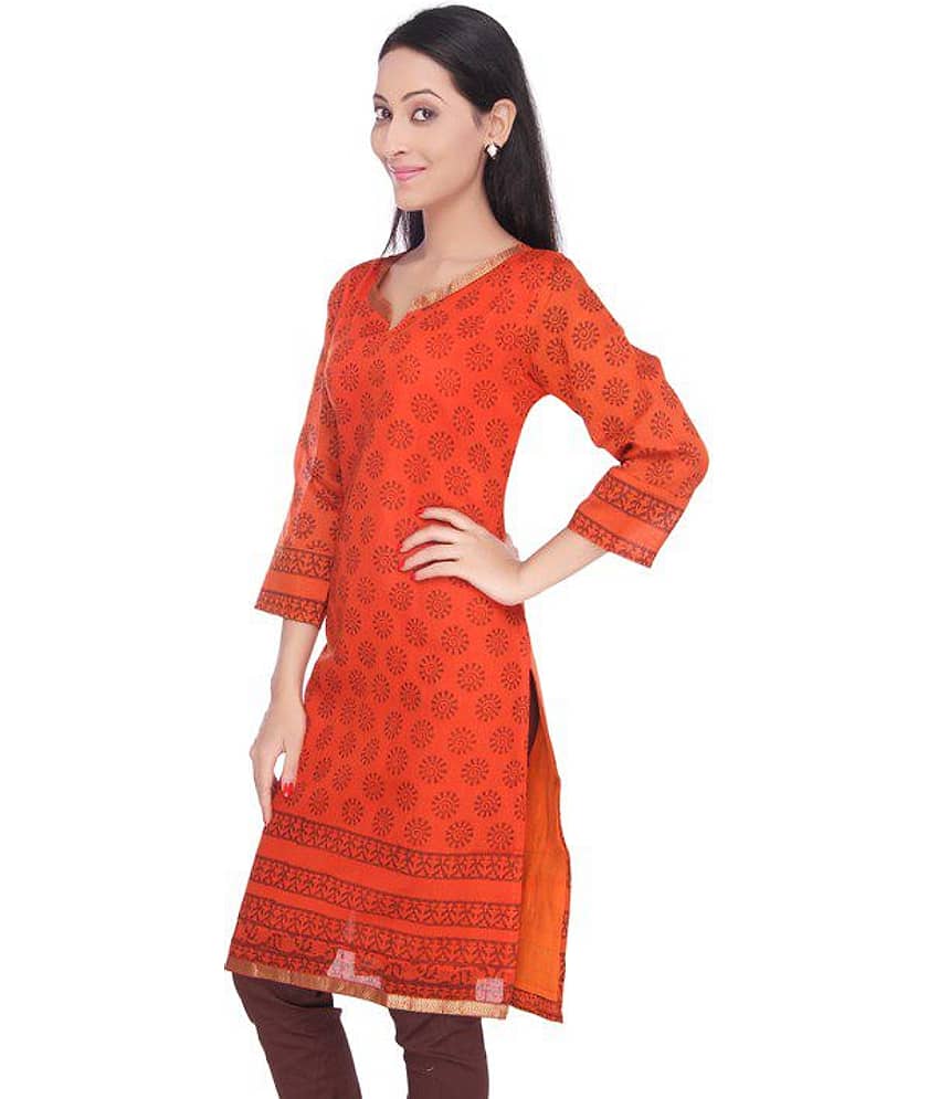 Viniyog Orange Cotton Silk Straight Kurti view 2