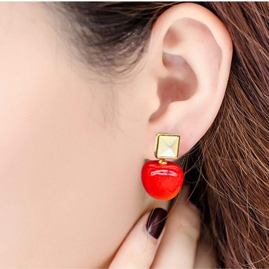 Jewelryklub Red Cherry Earrings with Pearl Accents For Women & Girls - Design 1 view 2