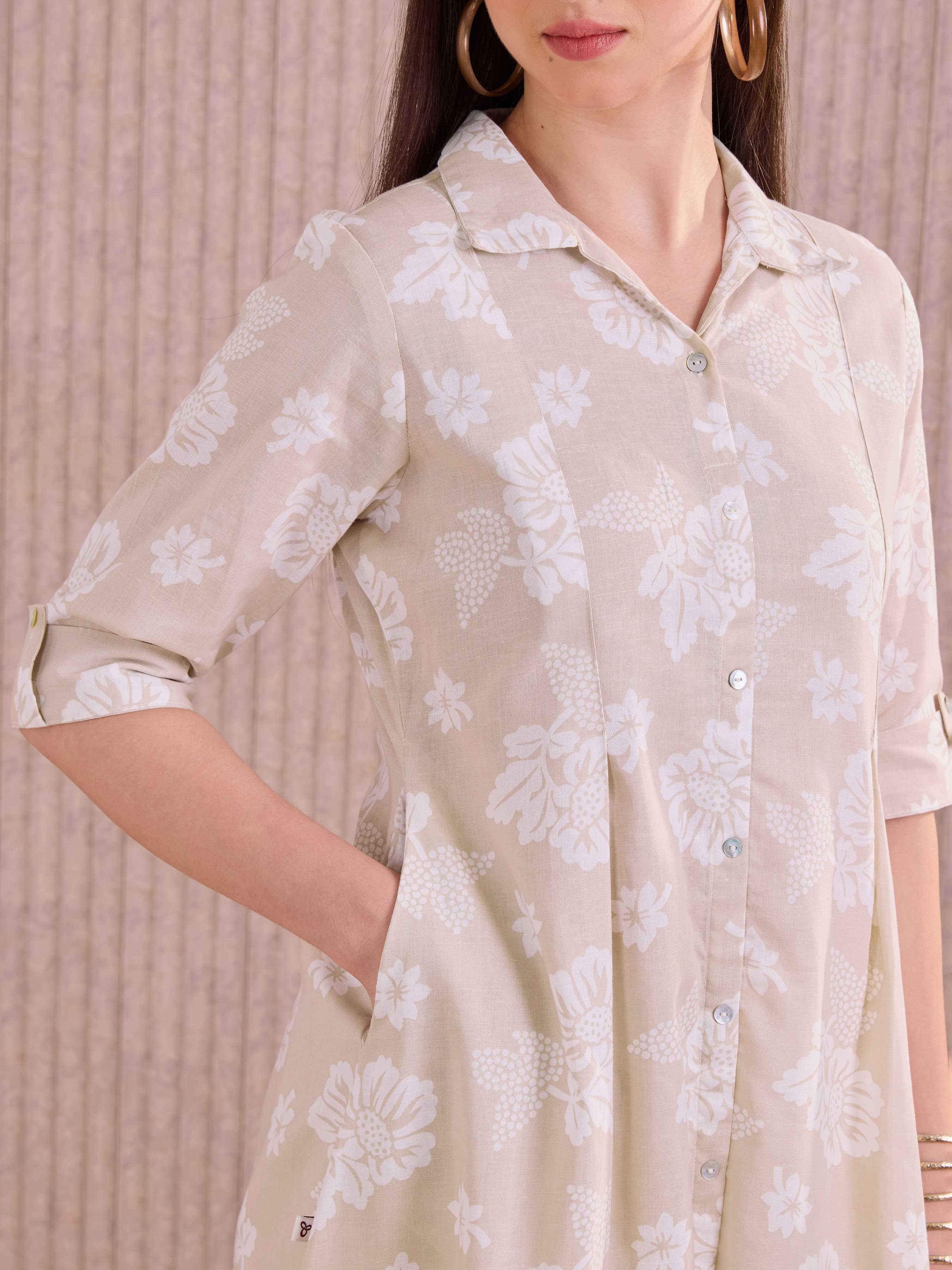 Beige Cotton Flax Kurti With Print view 2