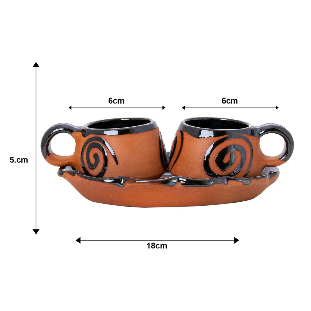 Sowpeace Handcrafted Terracotta tea cup set with floral trey “Cup of mornings with floral plate” for kitchen and dining, premium artisan made utensils as serveware, for gift view 2
