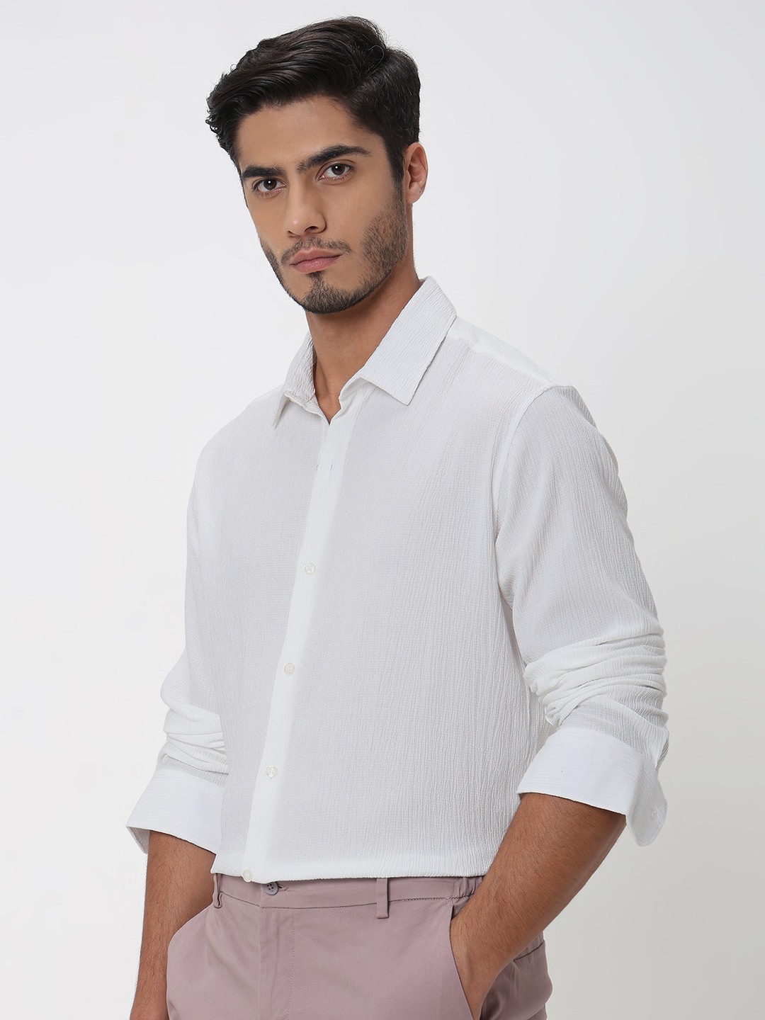 White Textured Plain Slim Fit Casual Shirt view 2
