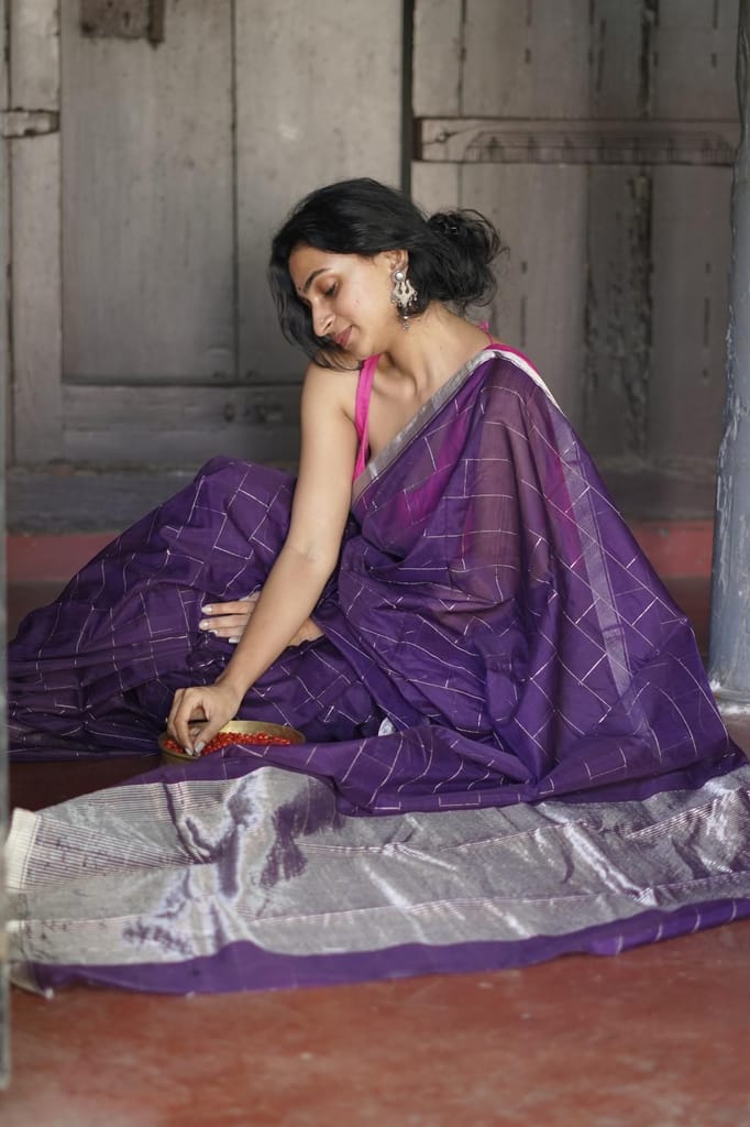 Utsav Purple silk cotton silver Zari Chanderi Saree view 2