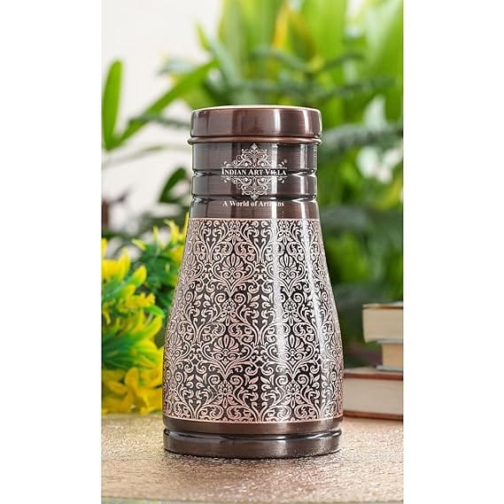 INDIAN ART VILLA Pure Copper Bedroom Water Bottle with Inbuilt Glass, Dark Embossed Design view 2