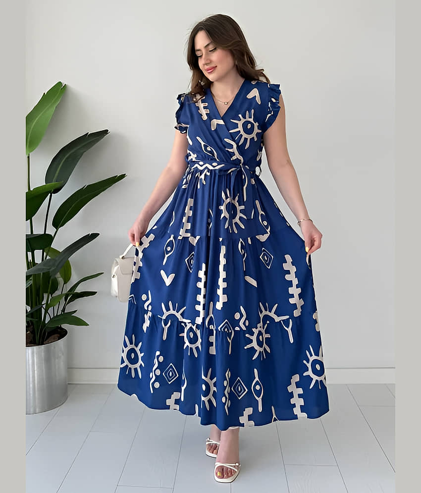 ZWERLON Women Viscose Rayon Printed Fit & Flare Dress ( Blue )