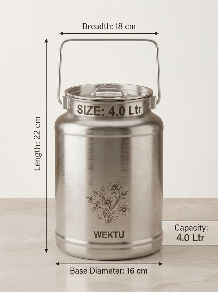 WEKTU Premium Stainless Steel Barni Dolu with Airtight Leak-Proof Lid & Foldable Handle | Heavy Duty Mirror Finish Metal Milk Can & Kitchen Storage Container | Available in Multiple Sizes (1L, 1.5L, 2L, 2.5L, 3L, 4L, 5L) view 2