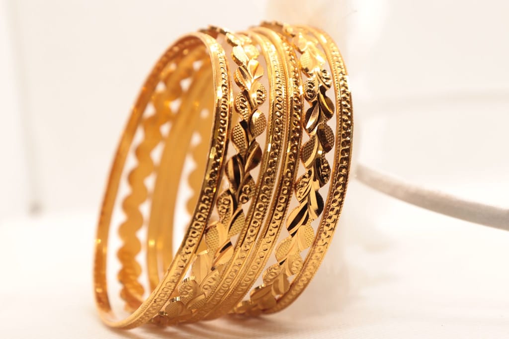 Gold Plated Leaf Design Bangle Set of 4 view 2
