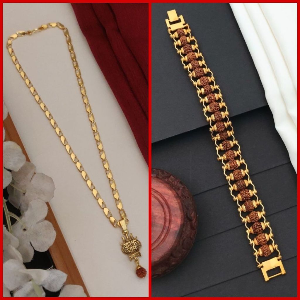 Bageshwar dham Fancy Gold Plated Long CHAIN-PENDANLE & Gold Rudraksha Bracelet For Man's and Boy's (COMBO PACK OF 2 PIC)