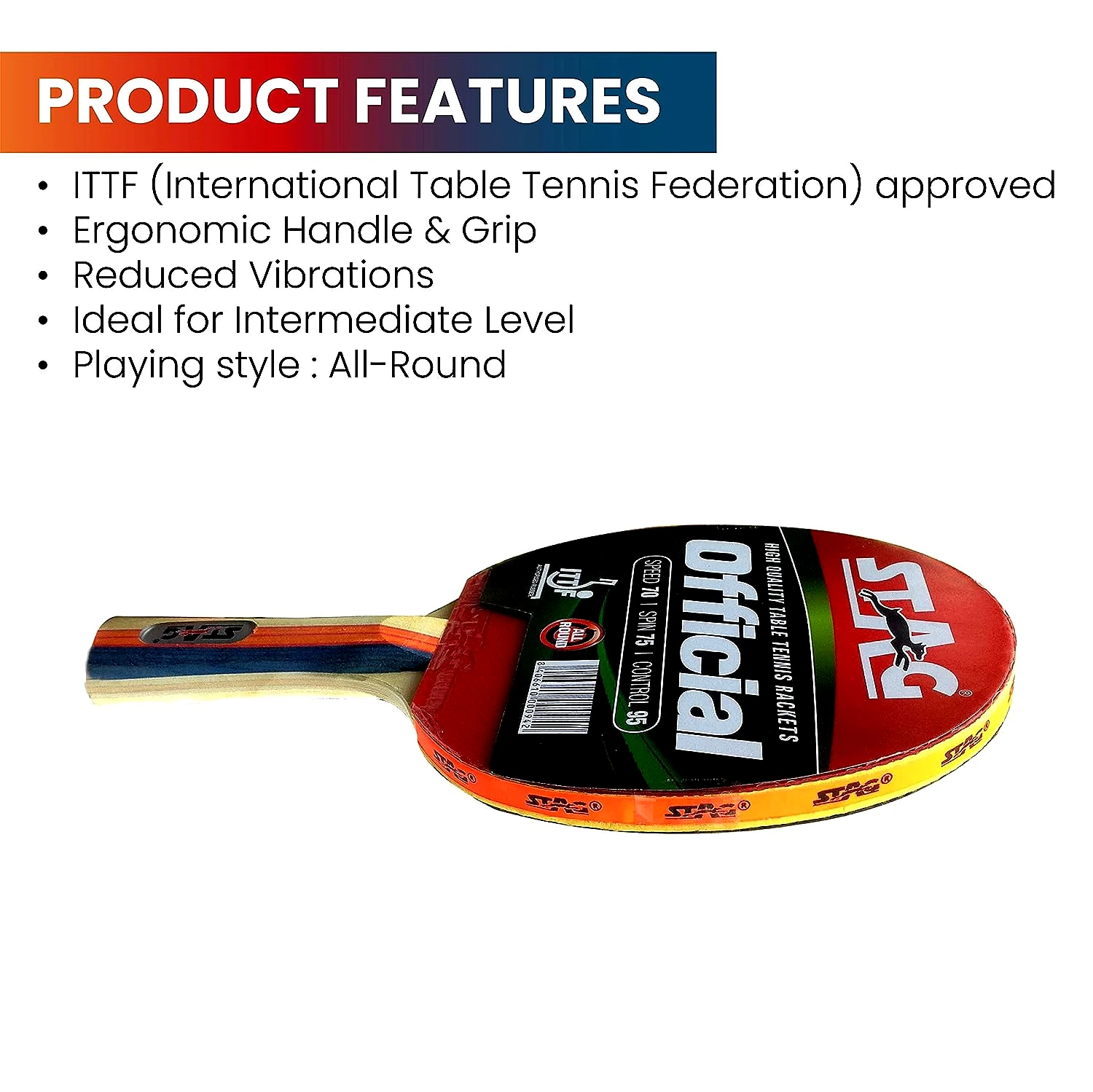 Stag Official Table Tennis Racquet (Packing - 1 Unit) by Total Sporting And Fitness Solutions Pvt Ltd view 2