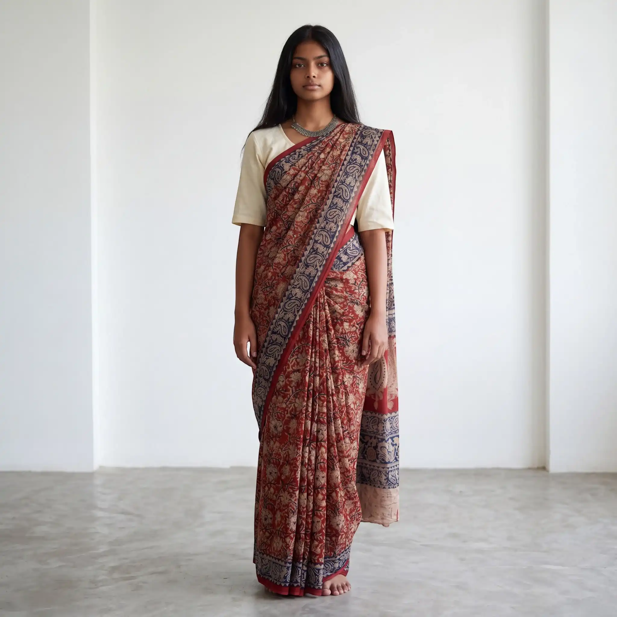 Pedana Kalamkari Block-Print Mulmul Cotton Saree in Maroon