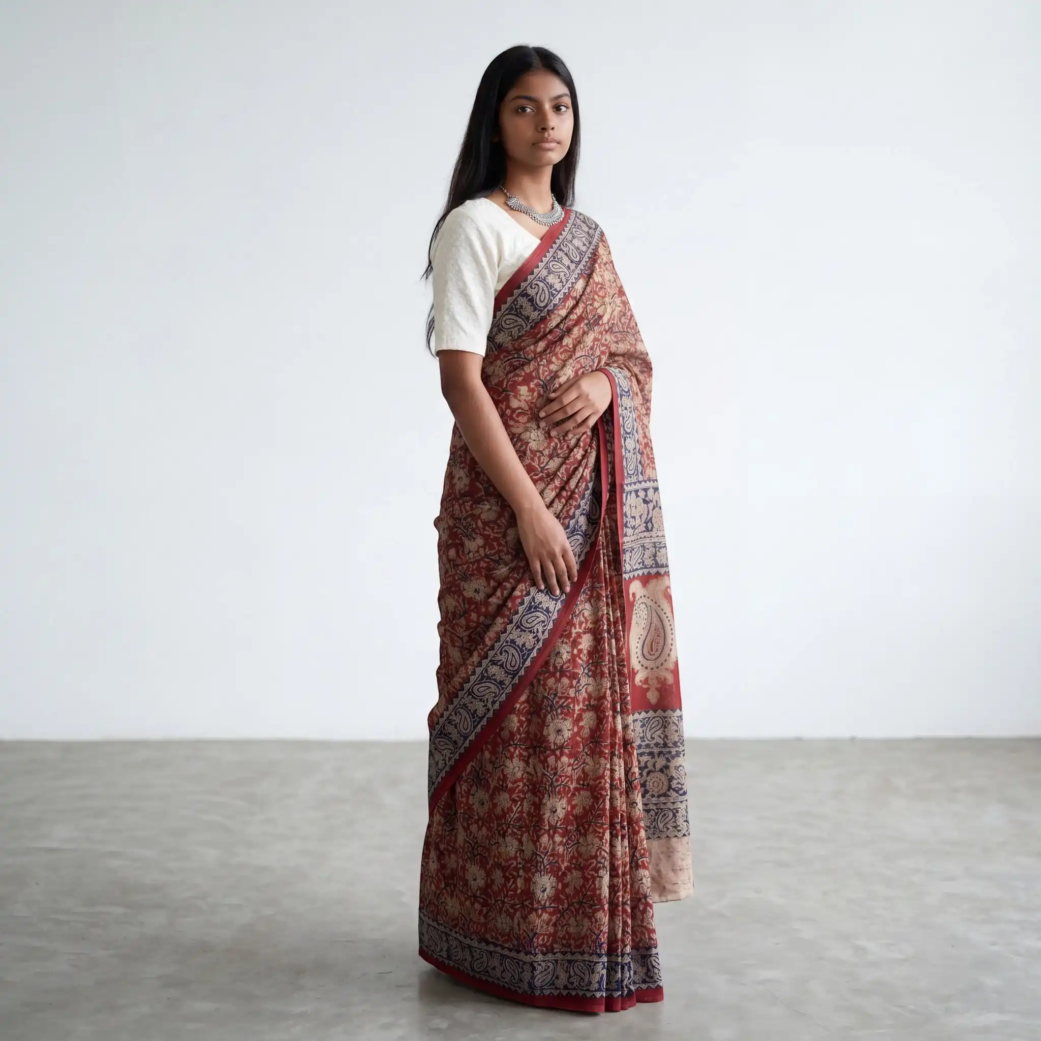 Pedana Kalamkari Block-Print Mulmul Cotton Saree in Maroon view 2