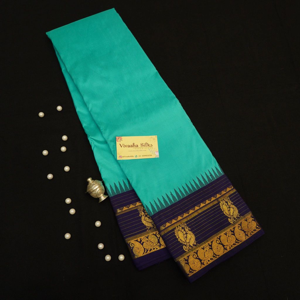 Classic Teal Blue Temple Korvai Kanchipuram Silk Saree view 2