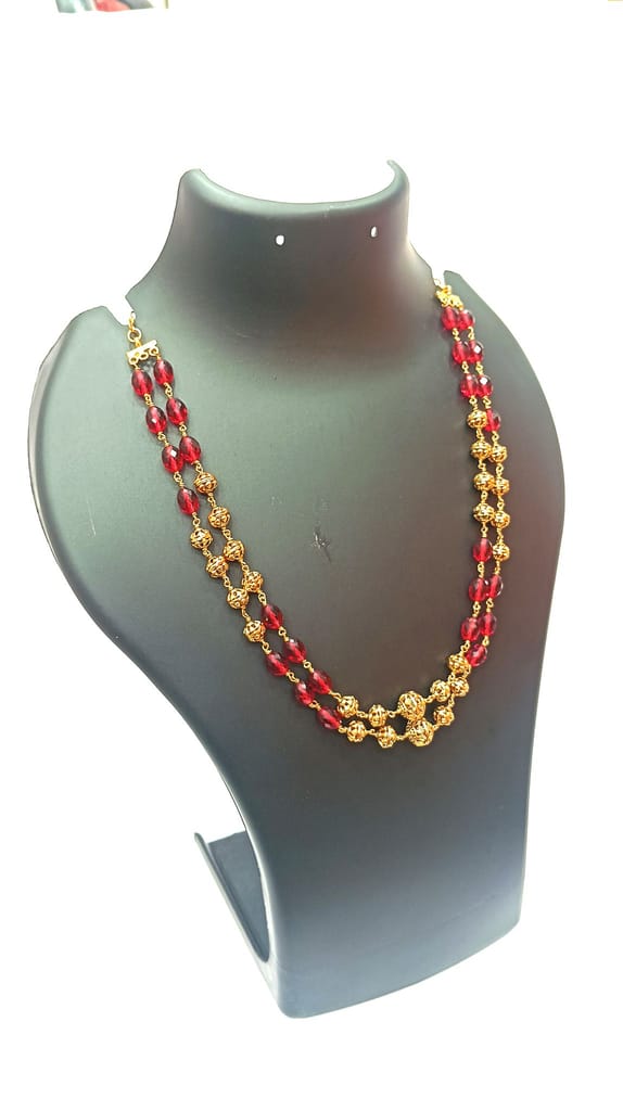 Gold Plated Traditional Indian Beaded Chain Necklace with Red Beads view 2