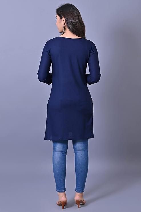 Women's Navy Blue Solid Straight Kurta with 3/4th Sleeves view 2