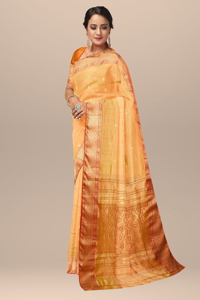 Golden Yellow Buti Mulberry Handwoven Sausar Silk with Broad Zari Border Saree SKU-BS10136 view 2