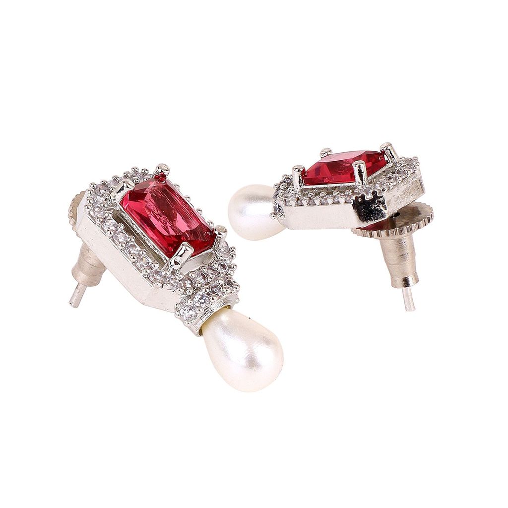 Red Stone American Diamond Rose Gold Plated Earrings view 2