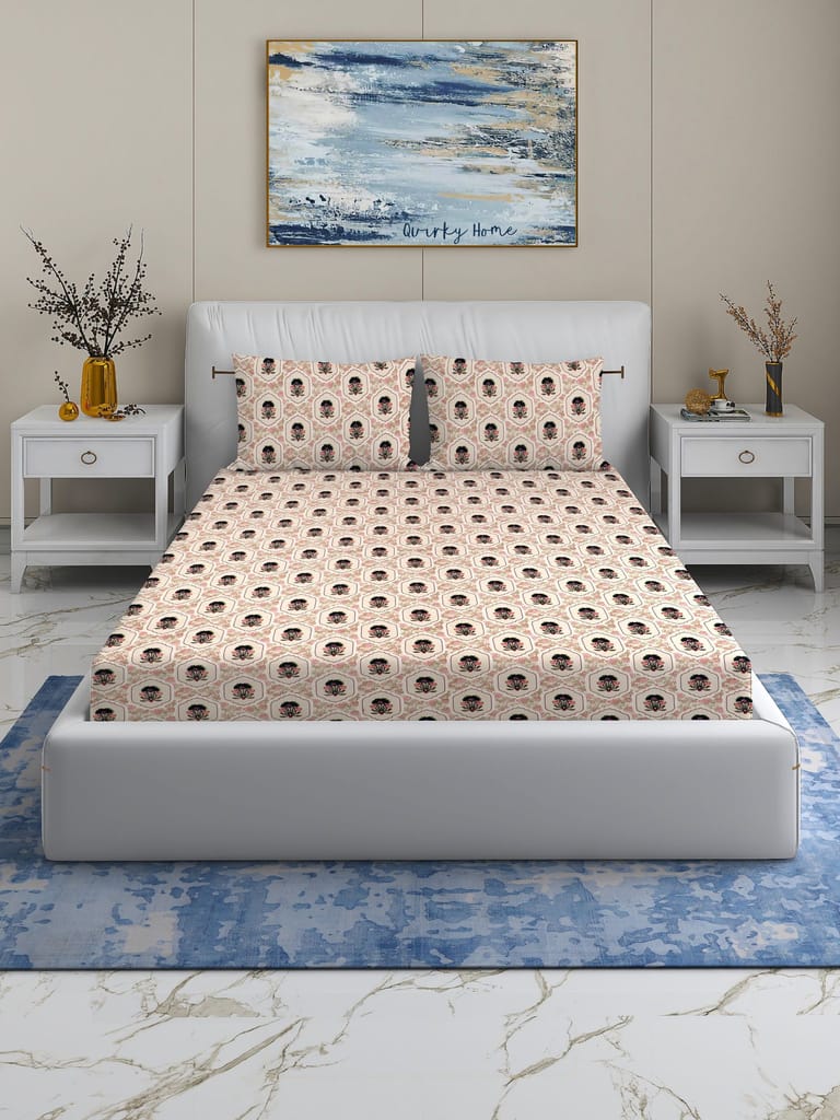 Quirky Home Fantasy Collection Premium Cotton Blend 180 TC Fitted Double Wrinklefree Bedsheet with 2 Pillow Covers, Baby Pink Floral