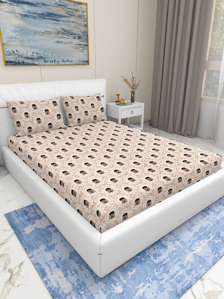 Quirky Home Fantasy Collection Premium Cotton Blend 180 TC Fitted Double Wrinklefree Bedsheet with 2 Pillow Covers, Baby Pink Floral view 2
