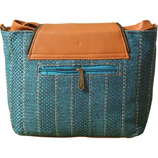 Womens Teal Textured Sling Bag with Tan Flap view 2