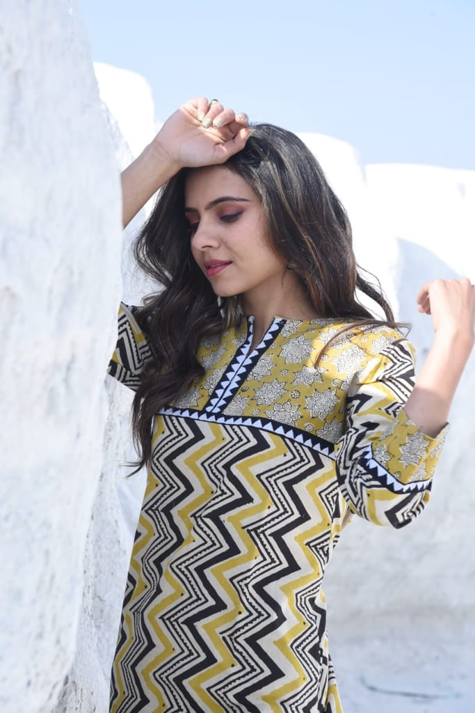 Tribes India Bagru Block Printed Straight Line Kurti Pant Set (Yellow) view 2