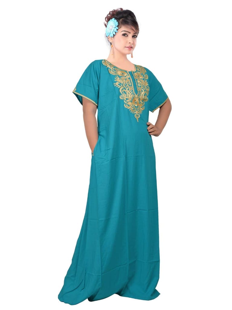 VALENCIA SLEEPWEAR Plain Embroidery Gown Maxi Nightwear Nighty Lizzy Bizzy Soft Fabric (XX_Large, Sky Blue) view 2