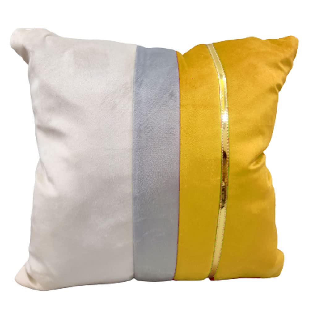 GOODVIBES Yellow Beige Gold Leather Striped Patchwork Velvet Cushion Case Luxury Modern Throw Pillow Cover Decorative Pillow for Couch Living Room Bedroom Car| 16X16 Inches | 40cm * 40 cm I Set of 2| view 2