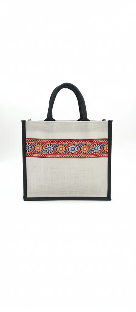 Eco-Friendly Black Jute Tote Bag with Multicolored Design & Black Handles