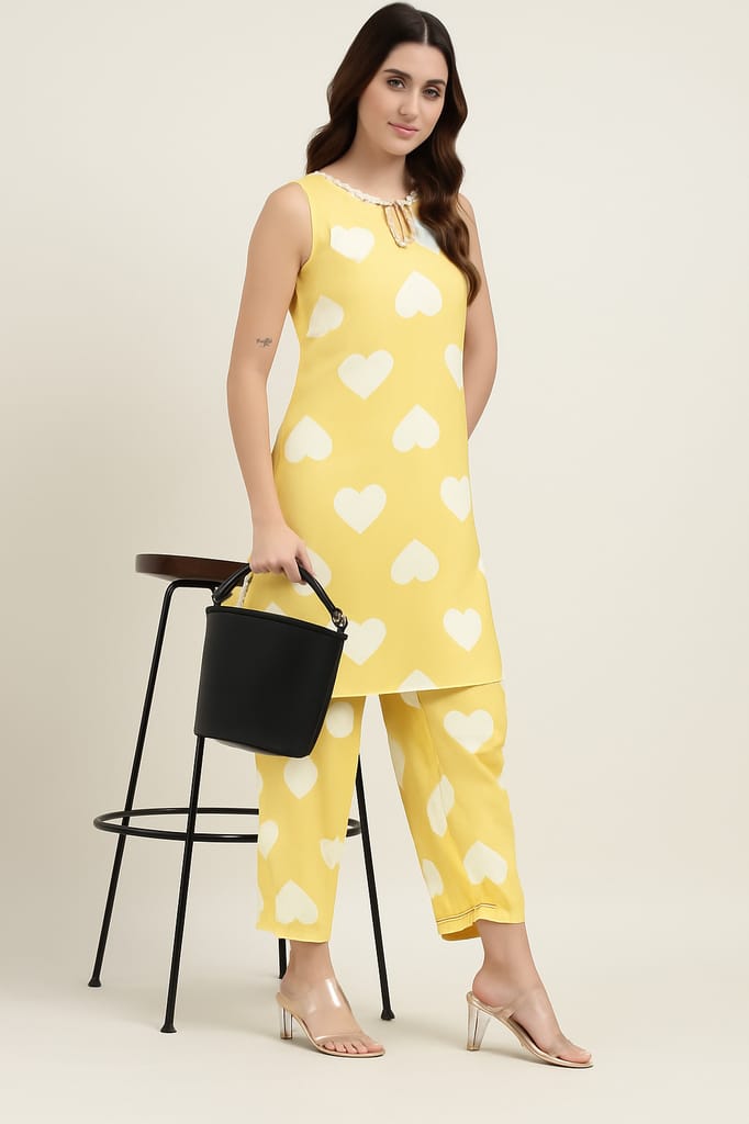 Yellow Heart Print Co-Ord Set for Women – Sleeveless Kurta with Matching Pants